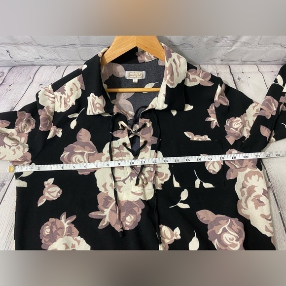 Mud Pie Floral Long-Sleeve Shirt Dress Lace-Up Neckline Womens Size Large - Picture 6 of 9